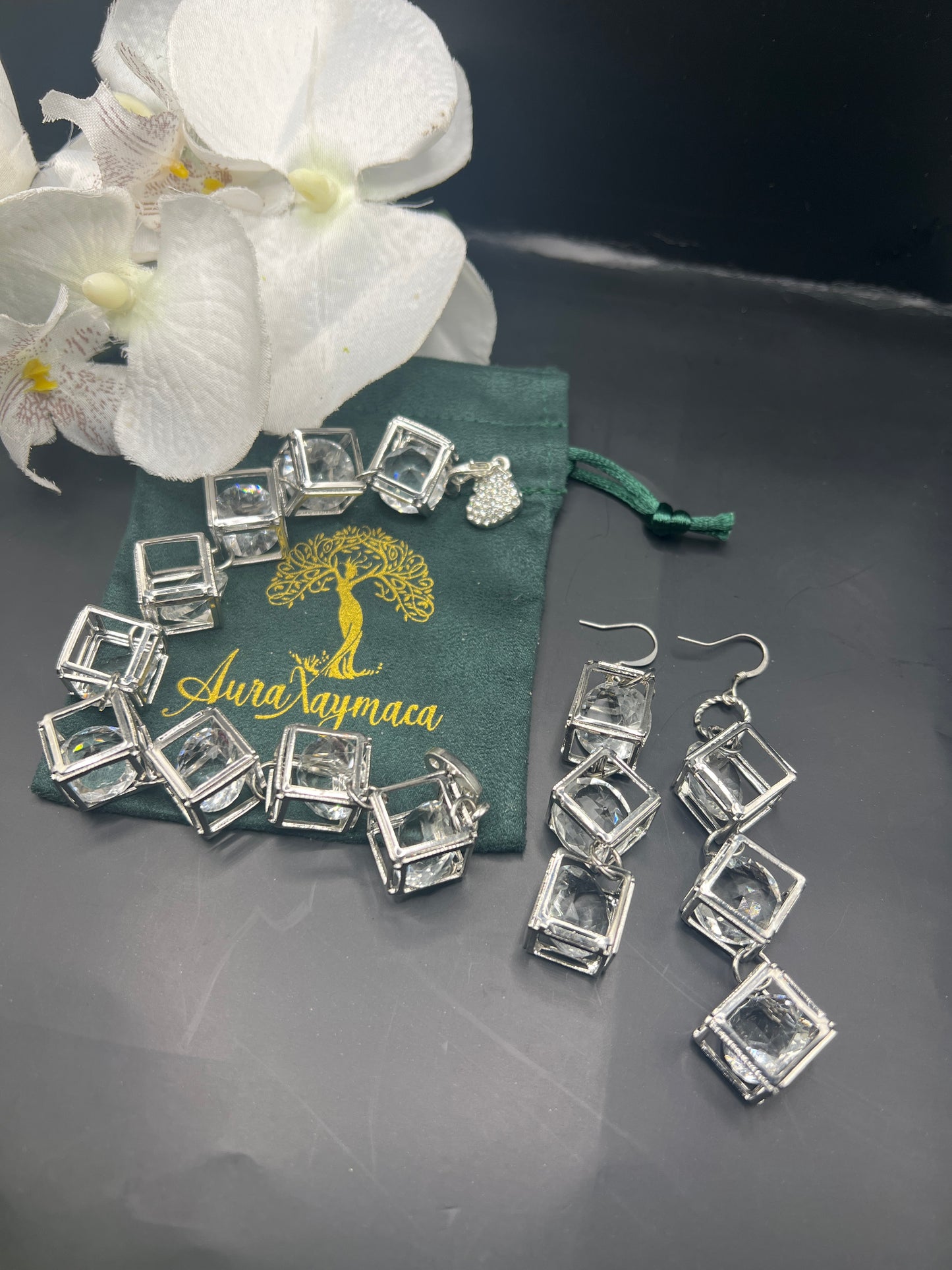 Crystal and silver cubed bracelet and earring set