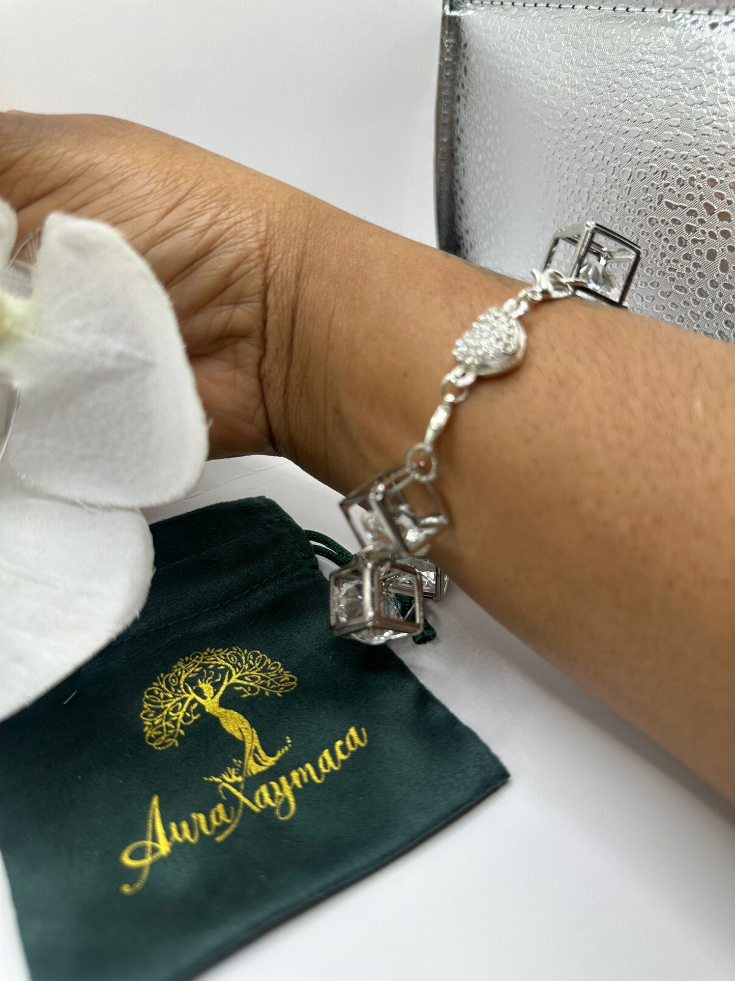 Crystal and silver cubed bracelet and earring set