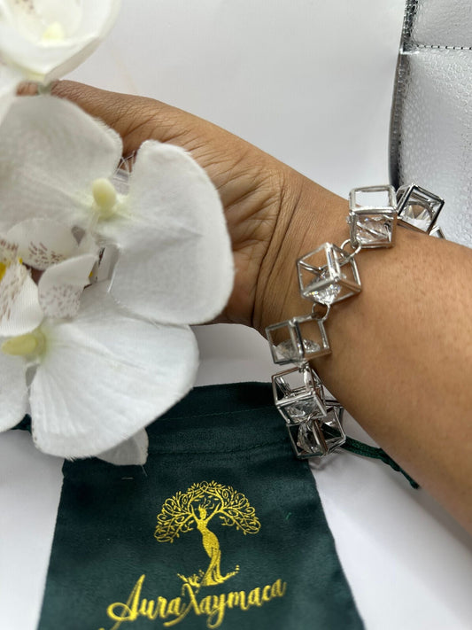 Crystal and silver cubed bracelet and earring set