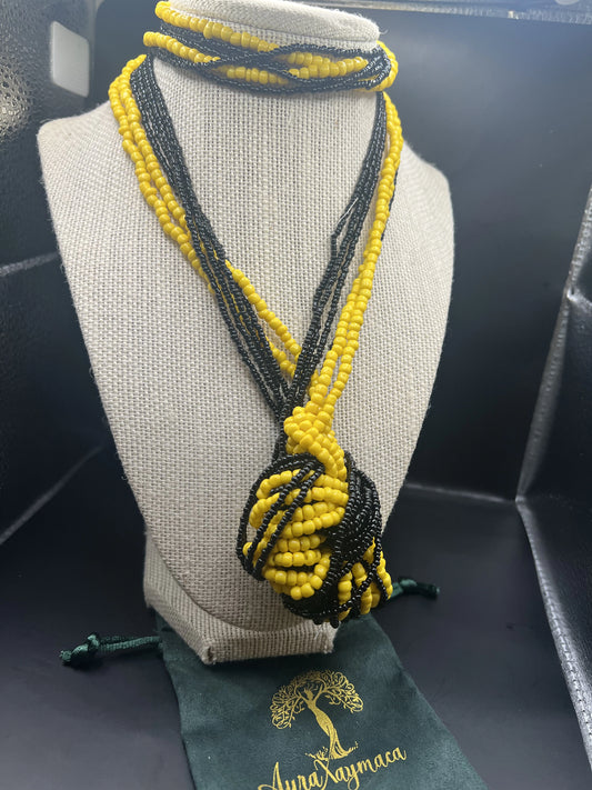 28 inch black and yellow beaded necklace.