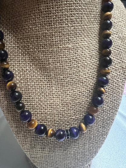 Purple & Golden Brown Tigers Eye Beaded Necklace