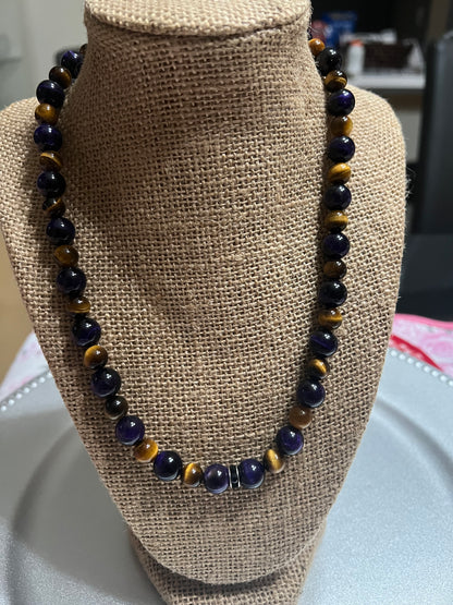 Purple & Golden Brown Tigers Eye Beaded Necklace
