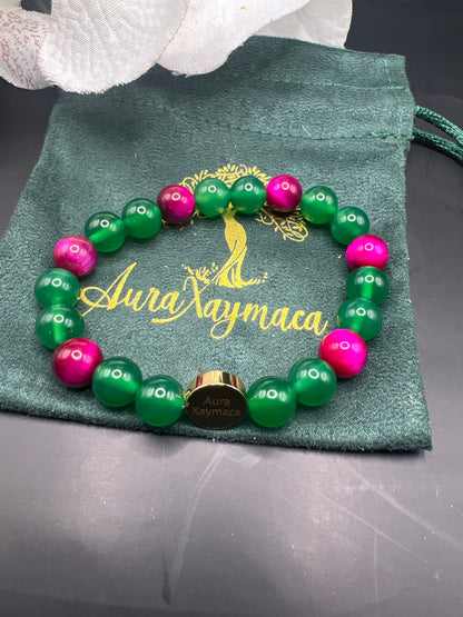 6 inch Green Agate and Pink Tigers eye bracelet