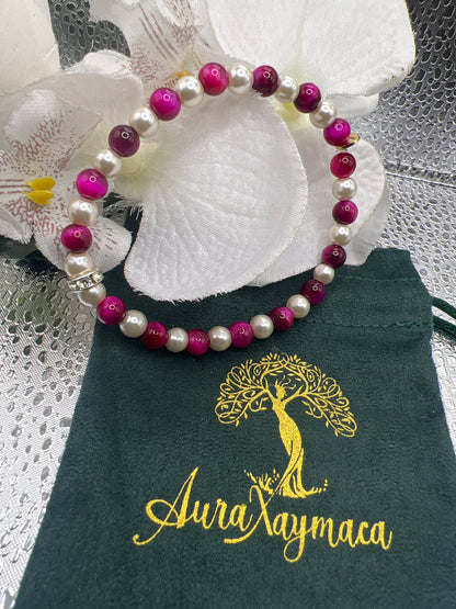 The Pink Tigers Eye & Pearl Combo Bracelet
